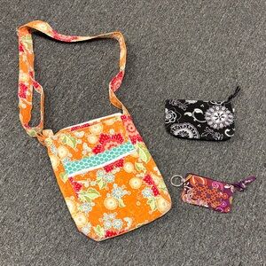Floral Orange Crossbody Bag with Cosmetic Bag and Small Change Purse